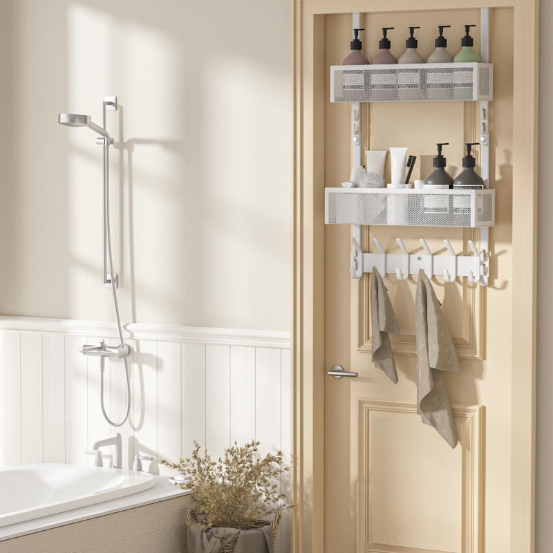 LUCYCAZ Adjustable Over The Door Hooks Organizer  Hanger Storage with 10 Coat Hooks & 2 Mesh Basket  Over The Door Towel Rack Organizer for Bathroom  Bedroom  Kitchen (White) - Image 4